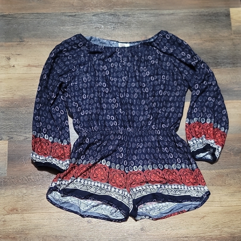 Anthropologie Lilka Navy and Red Patterned Romper